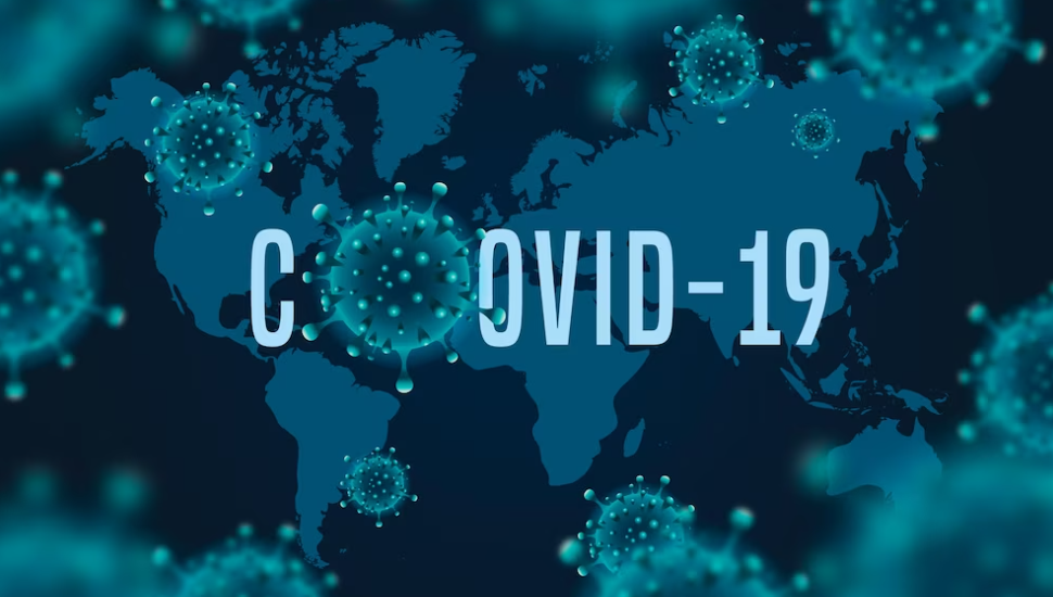 world map and COVID-19 words with the molecules of the virus on it