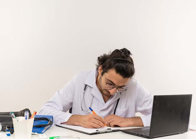 Medical Student in Front of Laptop, Writing in paper